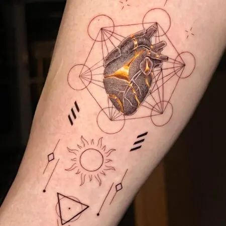 Geometric fine line heart tattoo on the arm, done at Blesink Tattoo Porto