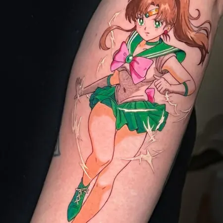 Full color anime woman tattoo on the arm, done at Blesink Tattoo Porto