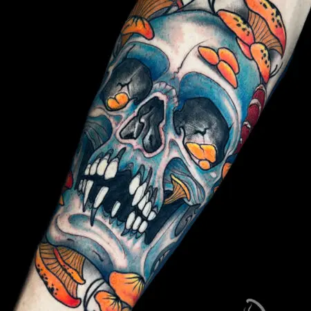 Neo-traditional full color skull tattoo on the forearm, done at Blesink Tattoo Porto